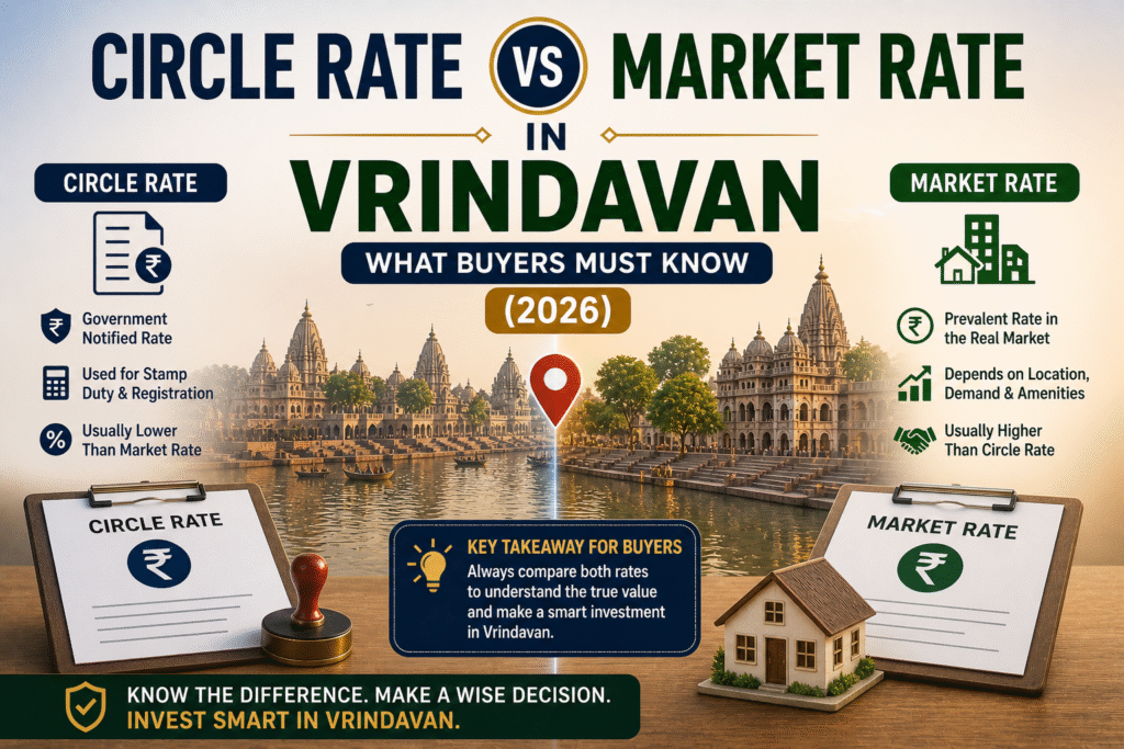 Learn the difference between circle rate and market rate in Vrindavan. Complete guide for buyers in 2026.